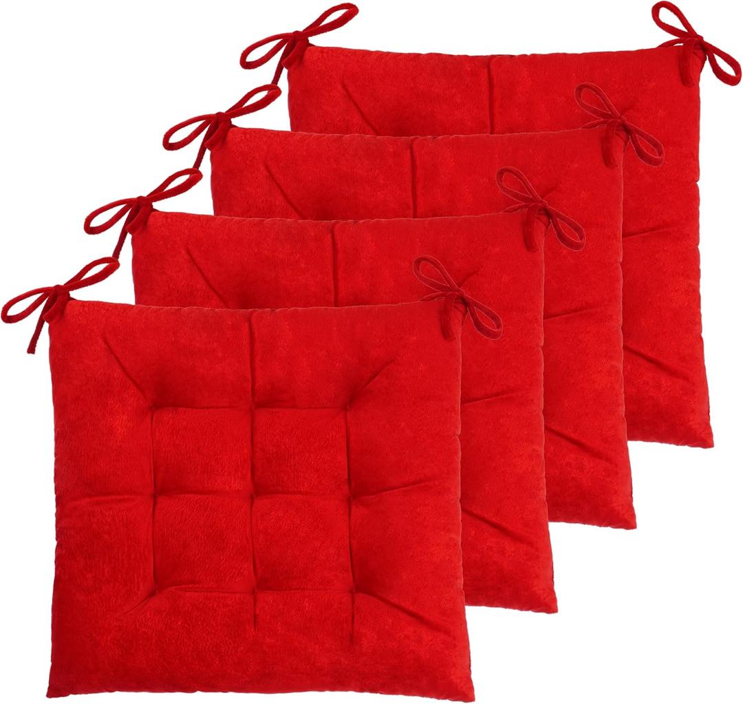 ELFJOY Set of 4 Square Chair Pads Indoor Seat Cushions Pillows with Ties Thick Soft Seat Cushion for Kitchen Dining Office Chair (18", Red)