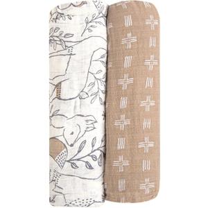 Crane Baby 100% Cotton Muslin Swaddle Blankets, Set of 2, 47" x 47", Boho Woodland Baby, Forest Animals Swaddle, Neutral Baby Items (Beige)