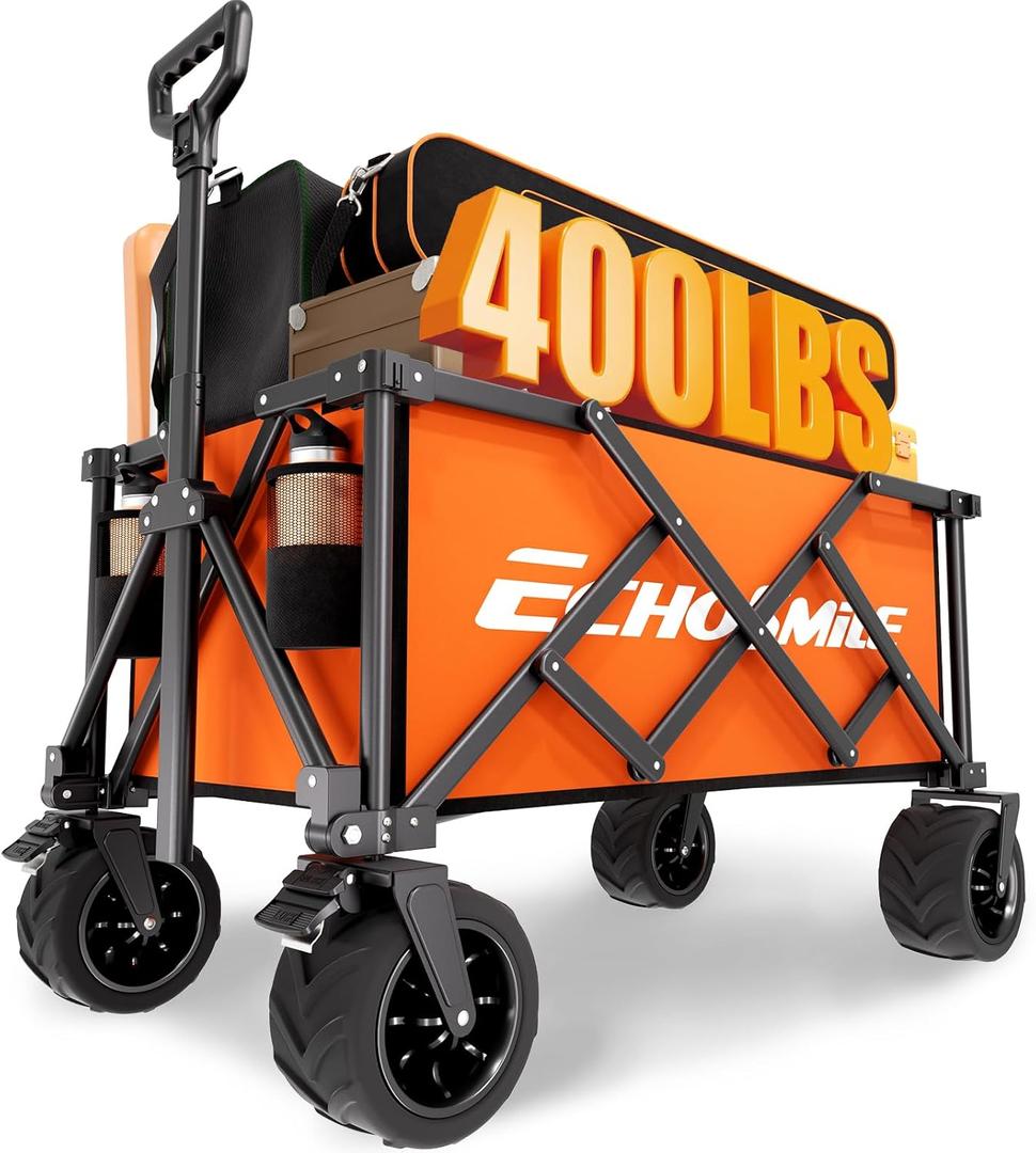 EchoSmile Collapsible Folding Wagon Cart with Compact Storage - 400Lbs Capacity All Terrain Utility Cart for Camping, Beach, Grocery, Garden,Orange