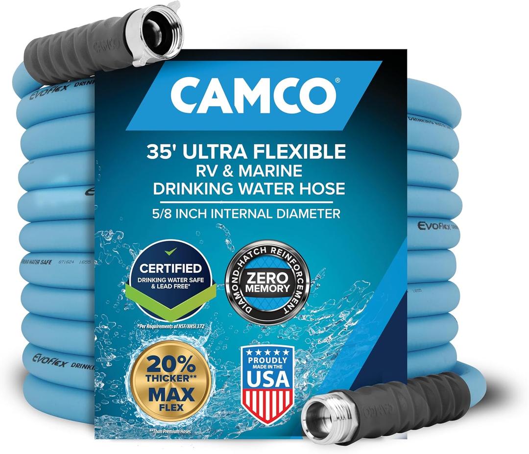 Camco EVOFlex 35-Ft RV Drinking Water Hose - Features Extra Flexible Design w/Stainless Steel Strain Relief Ends - Lead-Free, BPA-Free and Phthalate-Free - 5/8 Inside Diameter (22595)