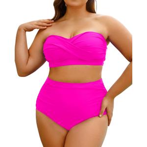 Yonique Women Plus Size Two Piece Swimsuits High Waisted Bathing Suits Bandeau Bikini Tummy Control Swimwear (Hot Pink) 
24 Plus