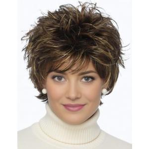 TISHINING Short Brown Mixed Blonde Highlight Pixie Cut Wigs for White Women Shaggy Layered Mixed Blonde Wavy Wig with Bangs Natural Looking Synthetic Hair Replacement Wig