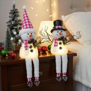 2 Pack Pink Christmas Snowman Decor, 18" Lighted Plush Snowmen FigurinesPastel Christmas Ornaments, Light Up Snowman Holiday Present, Battery Operated Xmas Gifts Indoor Tabletop Ornaments