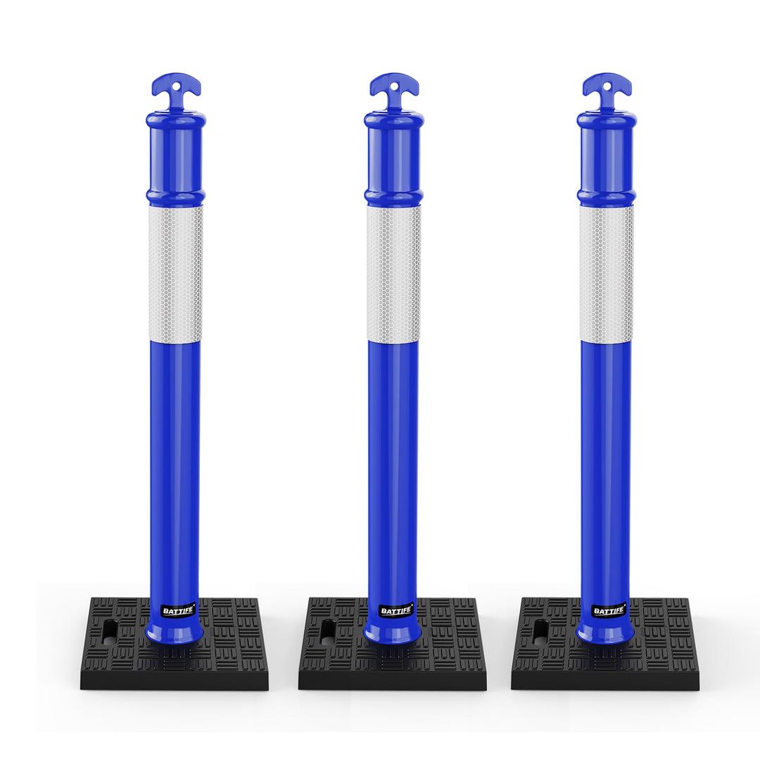 (3 Pack) BATTIFE Delineator Post with Base 45 ", Blue Traffic Delineator Cones with Reflective Collar for Construction Work, Driving Practice