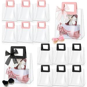 Fulmoon 12 Pcs Clear Gift Bag with Handle and Sheer Ribbon Reusable Transparent PVC Gift Bag for Bridal Party, Baby Shower, Wedding, Birthday, 7 x 4 x 8 Inch(Pink, Black)