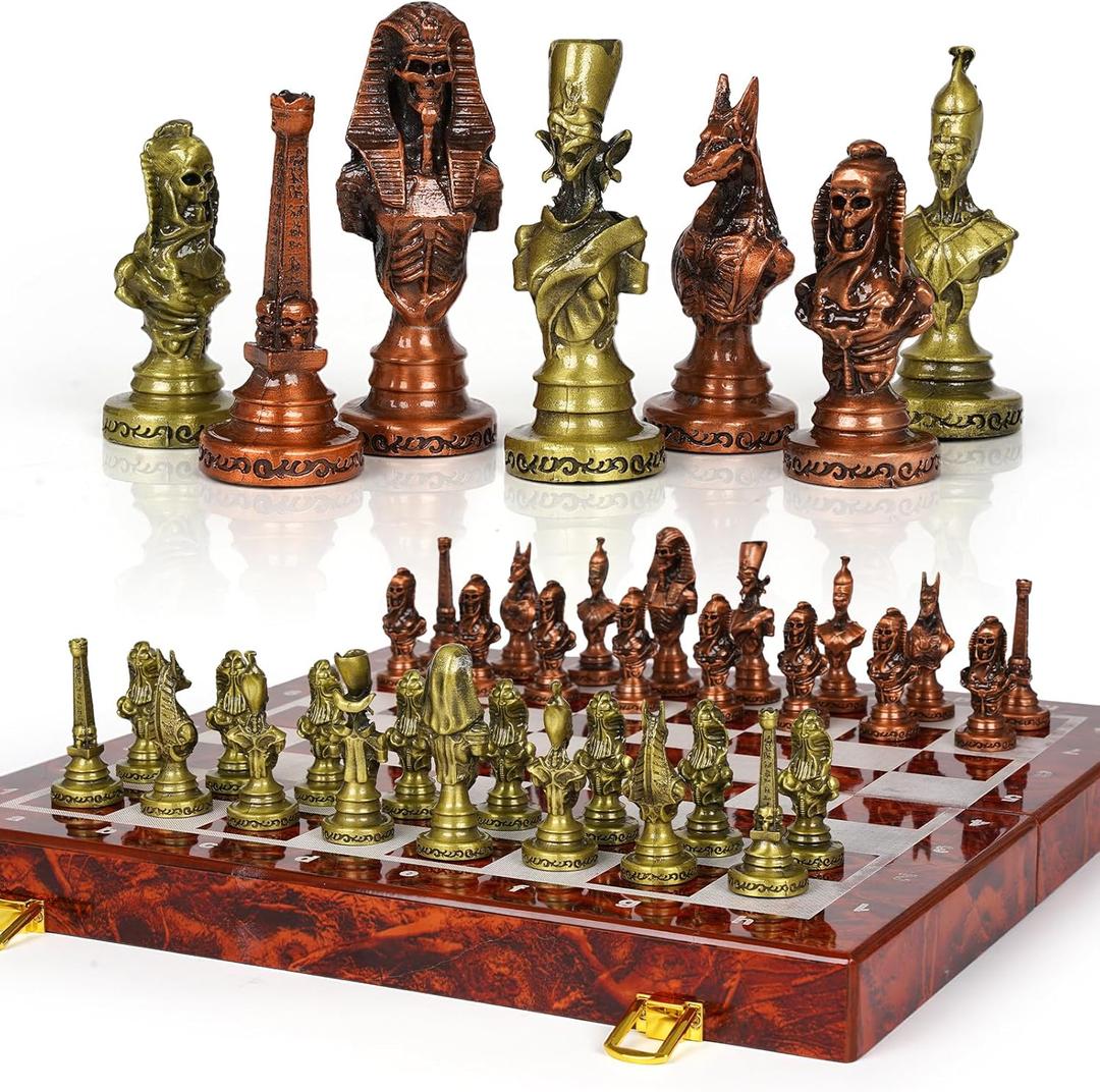 Large Egyptian Metal Chess Set for Adults  15 Inch Foldable Wooden Chess Board with Weighted Antique Chess Pieces  Vintage Luxury Game Gift for CollectorsClassic Board Game