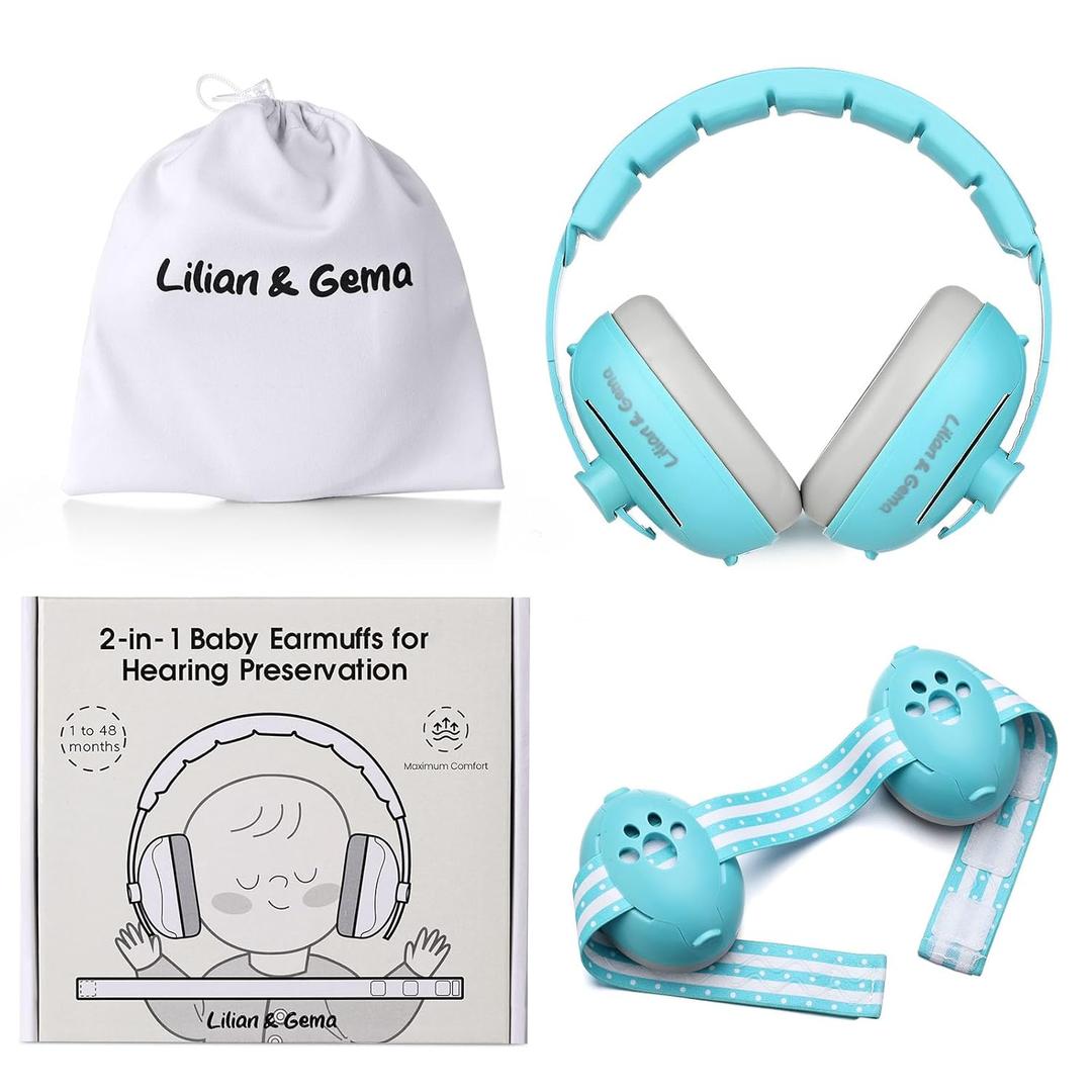 Lilian&Gema 2-in-1 Baby Ear Muffs Noise Protection up to 48 Months - Baby Airplane/Travel Essentials - Adjustable Noise Reduction Earmuffs - Ear Protection Headphones for Infant & Toddler, Blue