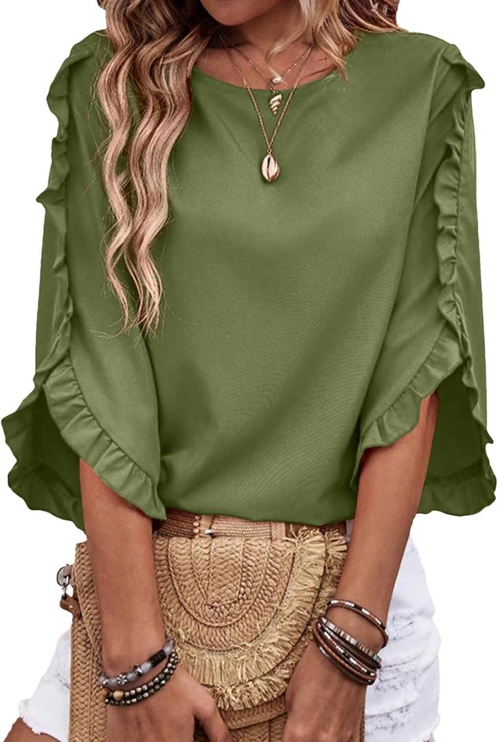 EVALESS 3/4 Length Sleeve Womens Tops Dressy Casual Blouses Crewneck Ruffle Sleeve Shirts Summer Outfits Business Work Tops M