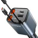 Coolpow Retractable Car Charger Adapter4 in 1 Fast ChargingRetractable Car Charger USB C Car Phone Charger USB C Cigarette Lighter Charger Adapter Car Charging Block Cube for iPhone 17 Pro Max 16 15 (Gray)