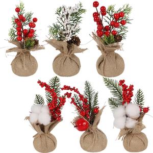 winemana 6 Pcs Mini Christmas Tree Table Decorations, 8" Small Artificial Trees with Red Berries Pine Cone Greenery Tabletop Centerpiece for Home Office Room Holiday Decorations