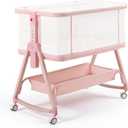 Baby Bedside Sleeper Bassinet, Bassinet Storage Basket and Wheels, Pink, Crib