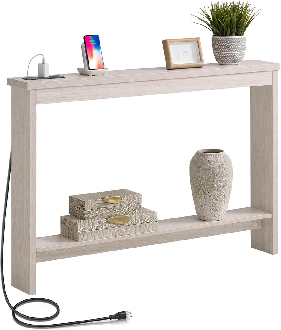 Console Table with Power Outlet and USB Port, 47" Long Behind Couch Table with Charging Station, Narrow Sofa Table for Entryway, Living Room, Foyer, Hallway, White Oak Grey, 47”W x 7”D x 32”H