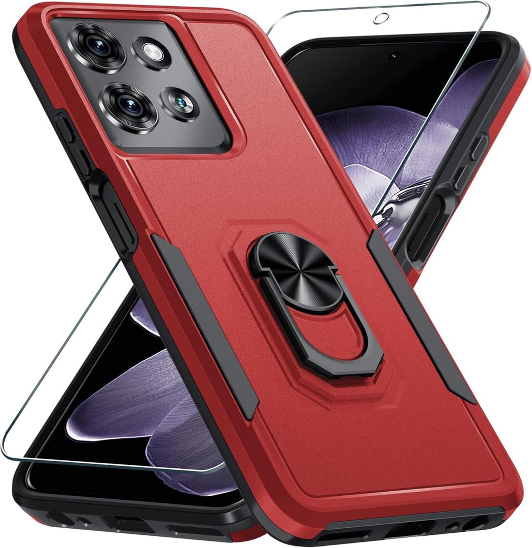 Janmitta for Motorola Moto G 2025 Case/Moto G 2026 Case with Screen Protector, Heavy Duty Shockproof Full Body Protective Cover Built in Rotatable Metal Holder for Moto-G-Play-2026,Red