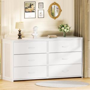 Dresser for Bedroom with 6 Drawers, 51 Inch White Dressers TV Stand for 50, 55, 60 Inch TV, Wood Top and Side, Fabric Drawers, Storage, Dresser for Closet, Living Room, Hallway, Entryway