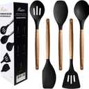 Kitchen Utensils Set, Silicone Cooking Utensils Set,Non-Stick Silicone Spatula Set with Natural Acacia Hard Wood Handle, 5 Piece, Upgraded Thickened Cookware (Black)
