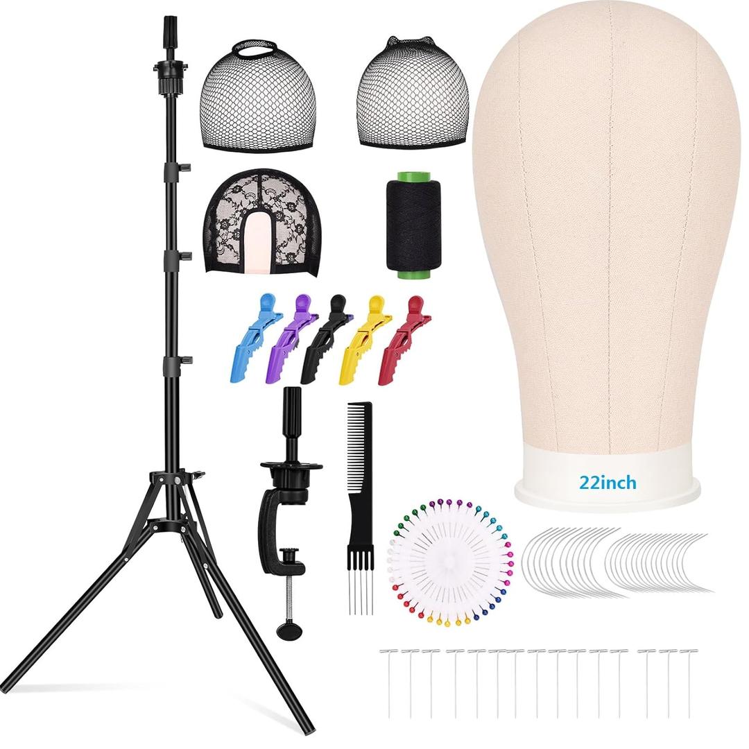 Beauty Star 63inch Tall Wig Stand Tripod with 22inch Mannequin Head, Canvas Block Wig Head Included Adjustable Holder and Wig Caps Kit for Multiple wigs, Perfect for Making Wigs, Display Styling (Off White)