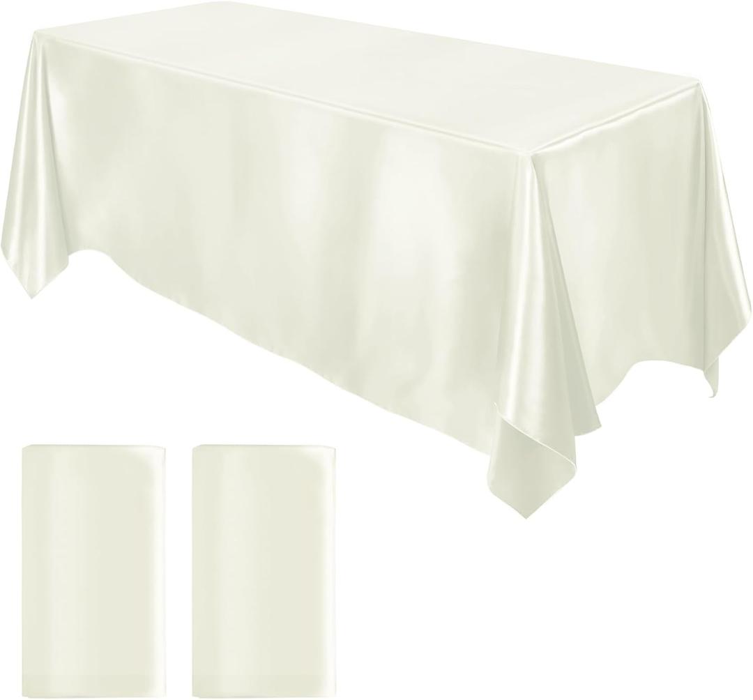 MCEAST 2 Packs Satin Tablecloth 102 x 58 Inches Rectangular Table Overlay Cover Bright Silk Tablecloth Smooth Fabric Table Decor for Wedding Banquet Decoration (Ivory)
