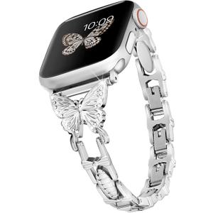 wipalor Butterfly Band for Bling Apple Watch Bands 42mm 41mm 40mm 38mm for Women, Metal Dressy iWatch Bands for Women, Designer Cute Strap for Apple Watch Band Series 11 10 9 SE 8 7 6 5 4 3-Silver
