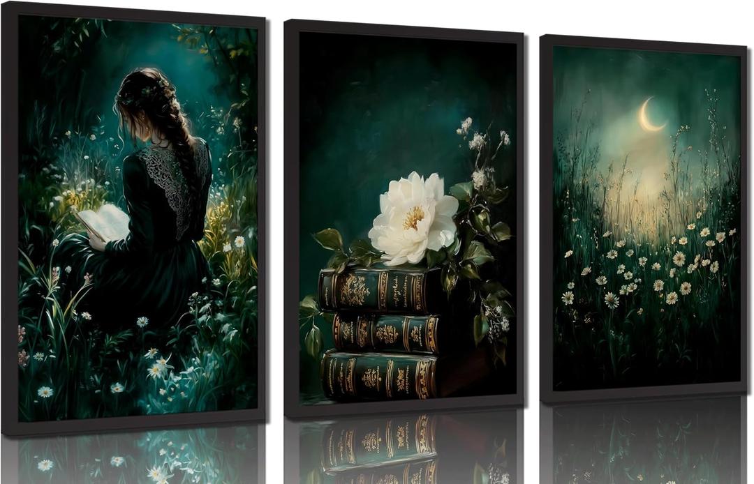 3Pcs Dark Academia Canvas Wall Art Moody Victorian Woman Reading Book Pictures Wall Decor Mystical Gothic Vintage Halloween Posters Prints for Bedroom Living Room Home Decoration(Frameless)