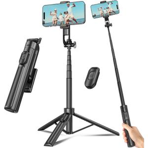 Selfie Stick Travel Tripod for Cell Phone with Remote Control and Phone Holder, Extendable Selfie Stick for iPhone, iPhone Tripod for Video Recording, 50 Inch, Black