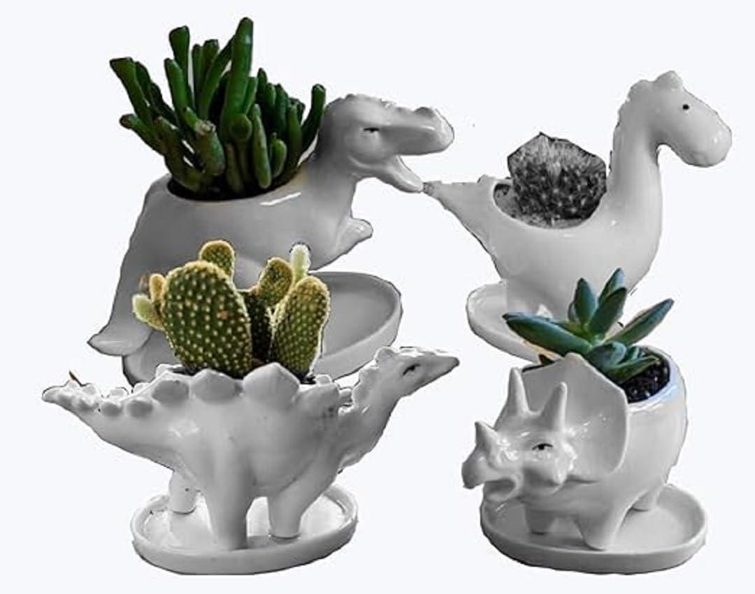 Ceramic Succulent Plant Pot Cactus Plant Pot Flower Pot Container Planter with Drainage Hole Home Office Desk Garden Gift Idea Animal Shaped Flower Pot Cute Vase Pot (4pcs Dinosaur)