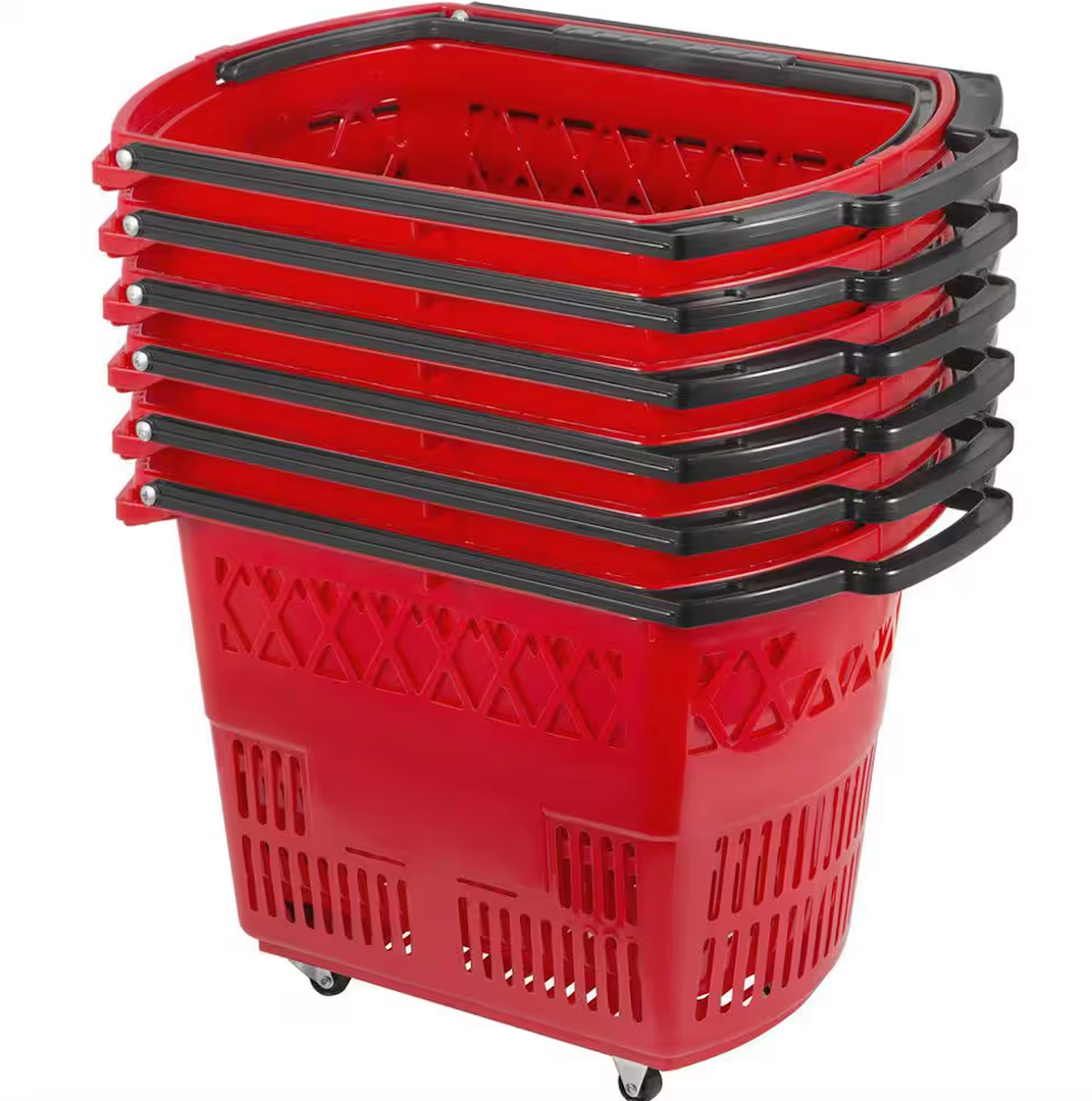 Mophorn 6PCS Shopping Carts, Blue Shopping Baskets with Handles, Plastic Rolling Shopping Basket with Wheels, Portable Shopping Basket Set for Retail Store (Red)