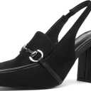 NEWBELLA Women's Square Toe Slingback Pumps - Block Heel Closed Toe Dress Shoes for Party & Office Commuting, Black 7