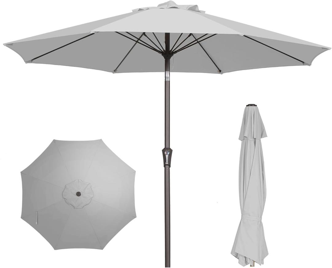 PatioKingdom 9FT Patio Outdoor Umbrella-UPF 50+ Sun Shade with Wind Vent, Push-Button Tilt & Smooth Crank Lift, Rust-Resistant Fiberglass Frame for Garden, Backyard,Yard (Light Gray)