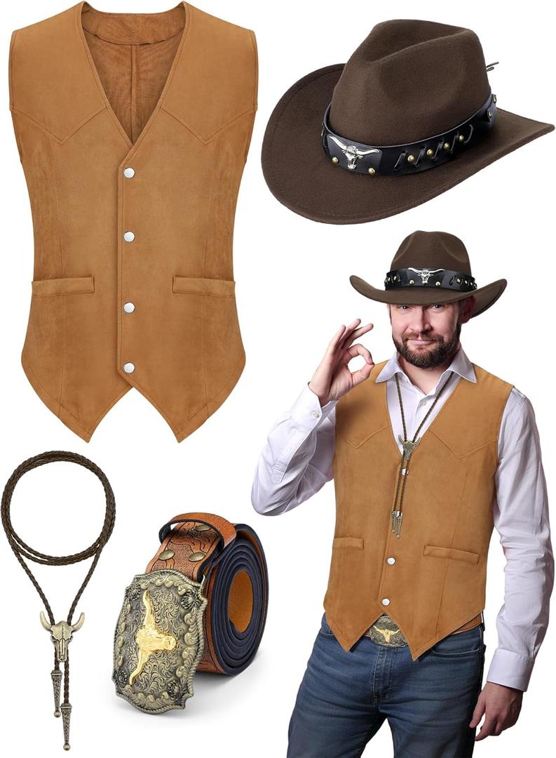4 Pcs Western Cowboy Outfits for Men Suede Leather Vest Hat Bolo Tie Belt for Western Halloween Cosplay (Large, Brown)