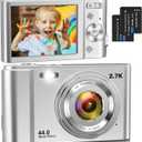 Digital Camera for Kids, FHD 44MP Point and Shoot Digital Cameras with 2 Batteries, 16X Zoom, Anti-Shake, Flash Light, Compact Small Portable Cameras for Kids Teens Boy Girl, Silver