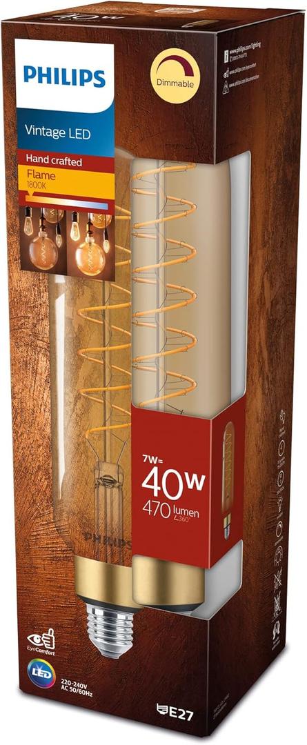 Philips LED Classic E27 Vintage Lamp, 40 W, Vintage Decorative Lamp, XL Rod Lamp, Dimmable, Gold, Clear, Flame