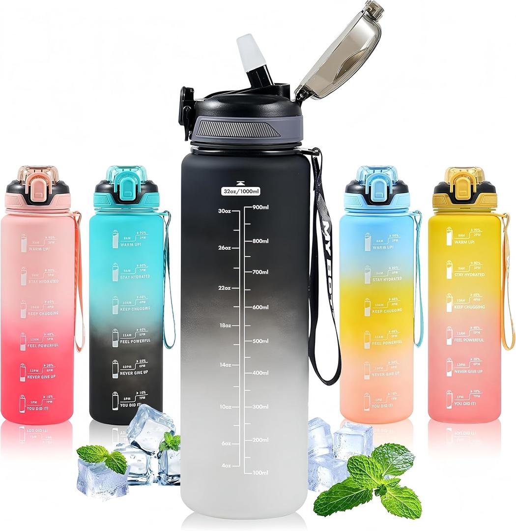 Sports Water Bottle with Straw,32 OZ Water Bottles with Time Marker for Boys and Girls,Simple Modern Water Bottle Plastic Leakproof Bpa Free,Waterbottle for Adults,School,Gym,Outdoor