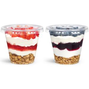 [50 Sets, 9 oz Clear Plastic Fruit Cups with Lid No Hole, Disposable Plastic Cups with Lids for Yogurt, Parfait, Pudding, Dessert, Cake, Ice Cream, Snack Cup Party Supplies
