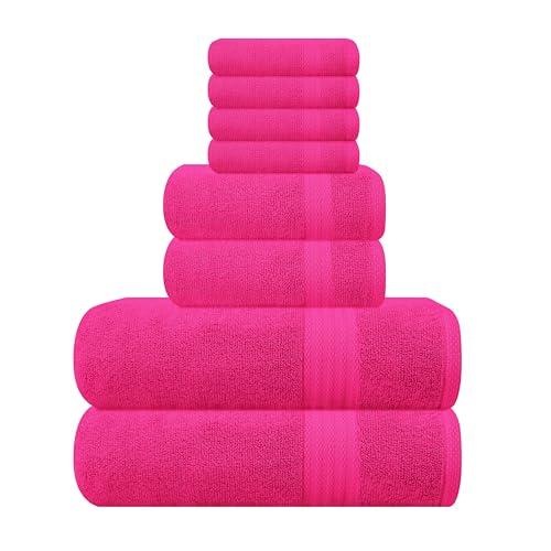 GLAMBURG Ultra Soft 8-Piece Towel Set - 100% Pure Ringspun Cotton, Contains 2 Oversized Bath Towels 27x54, 2 Hand Towels 16x28, 4 Wash Cloths 13x13 - Ideal for Everyday use, Hotel & Spa - Hot Pink