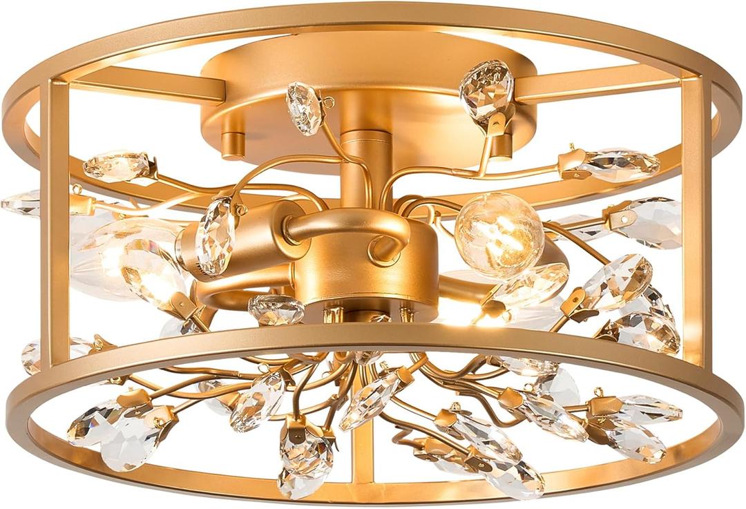 Vintage Crystal Foral Flush Mount Ceiling Lights - Vintage Close to Ceiling Light - Gold Hallway Ceiling Lighting for Bedroom Living Room C2190-GD