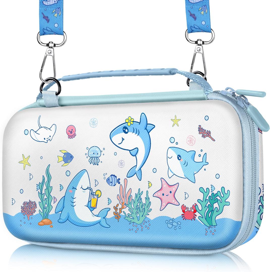 2 x Gurgitat Carrying Case for Nintendo Switch OLED 2021/Switch 1(2017) - Cute Cartoon for Switch Travel Cases with Handle and Strap Portable Storage Carry Hard Shell for Teen Girls Boys, Blue Shark