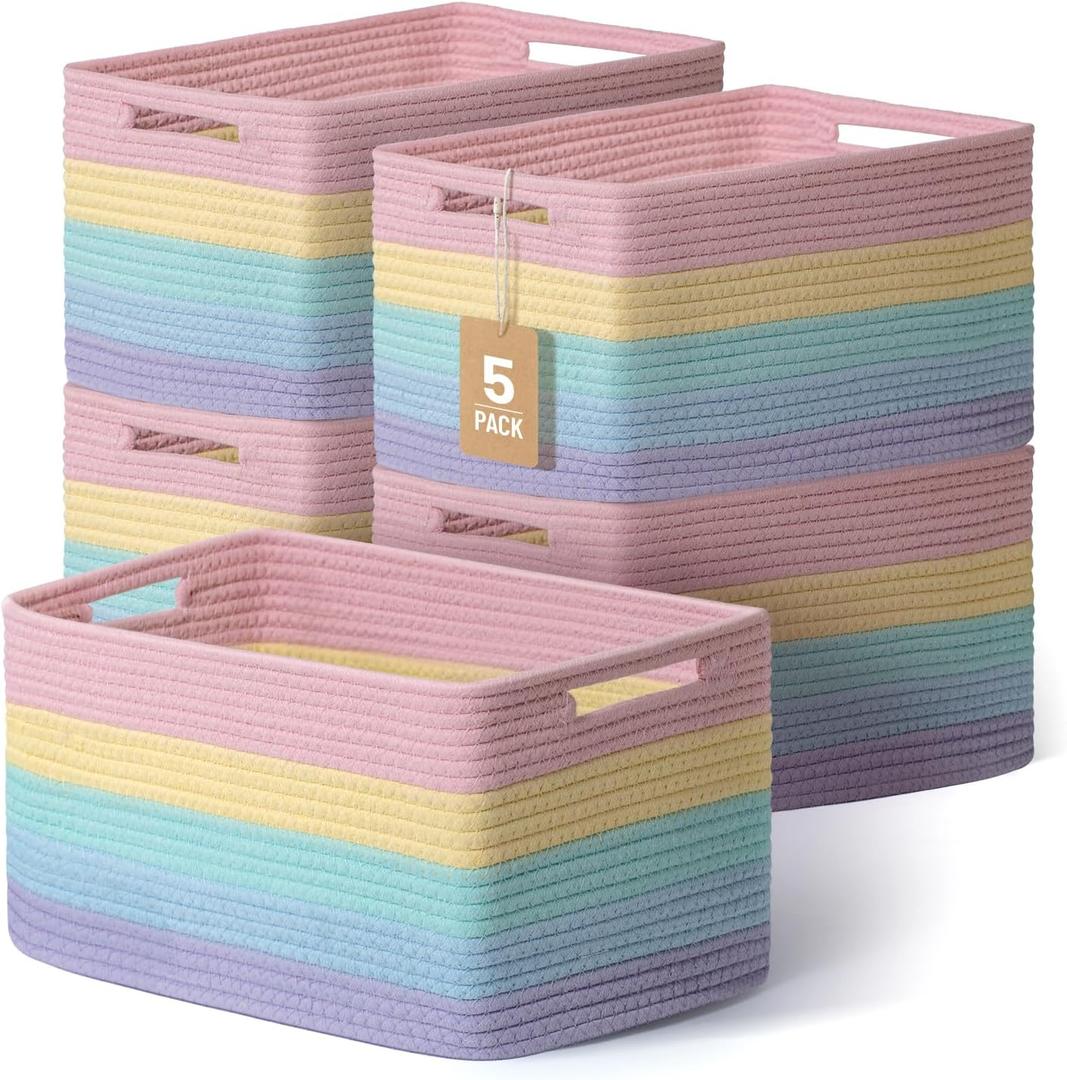 5 Pack Rainbow Woven Storage Baskets for Shelves, Decorative Toy Baskets Organizer for Kids Room, Nursery, Playroom, Classroom  Colorful Cotton Rope Toy Storage Bins for Organizing & Decor