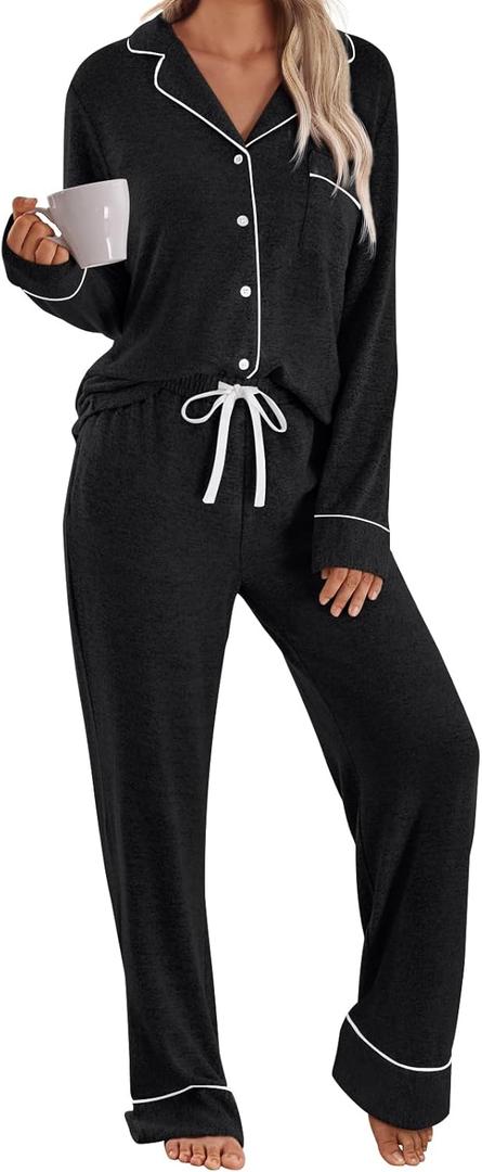 LILLUSORY Women's Long Sleeve Pajama Set - Soft Button-Down Top & Comfortable Drawstring Pants with Pockets (Medium, Black)