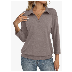 Womens Polo Shirts 3/4 Sleeve Banded Bottom Tops Business Casual Tops Collared V Neck Blouses XL