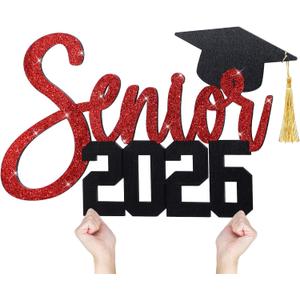 CroBlissful 2026 Senior Sign Graduation Party Decorations Wooden 17 Inch Senior Board Photo Booth Props Class of 2026 Grad Picture Props for Graduation Night Party(Black Red)