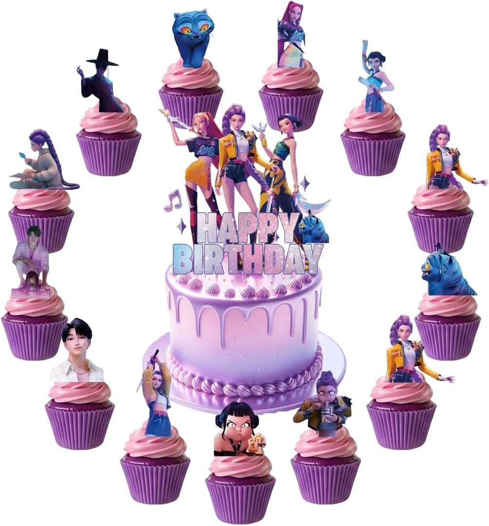 Demon Movie Hunters Birthday Cake Topper, Cute Cake Decorations Include 1Pcs Happy Birthday Cake Topper and 24Pcs Cupcake Topper for Cartoon Party Decorations
