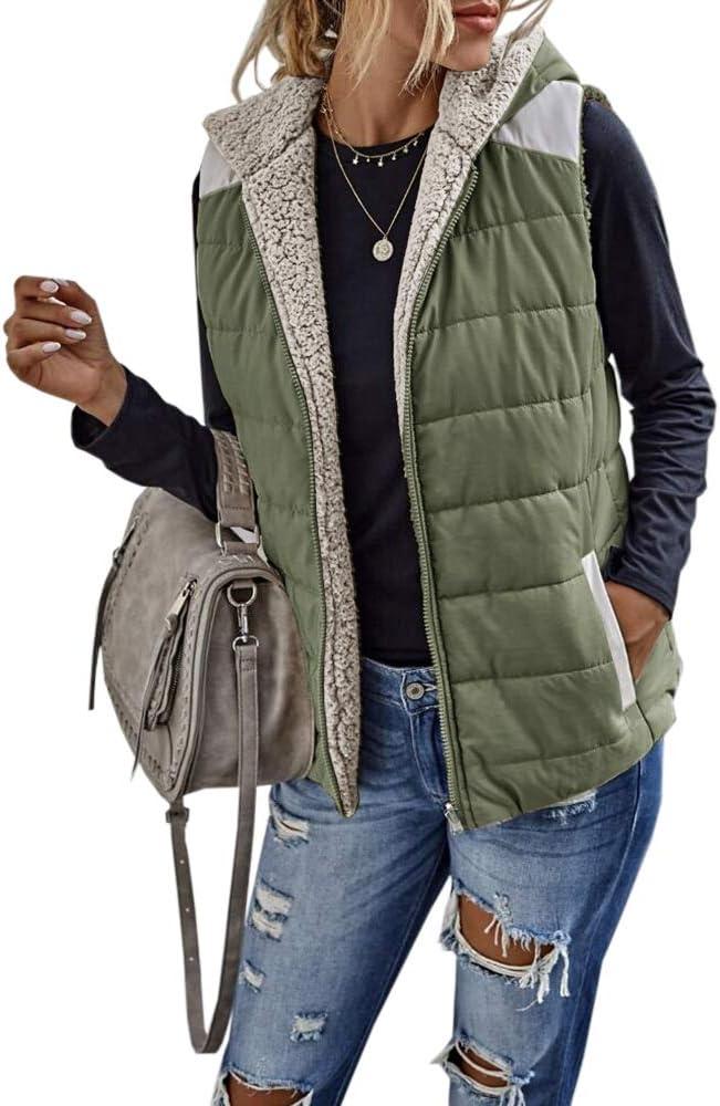 Womens Sherpa Fleece Full Zip Reversible Vest Warm Color Block Hoodie Outwear with Pocket (Large, Army Green)
