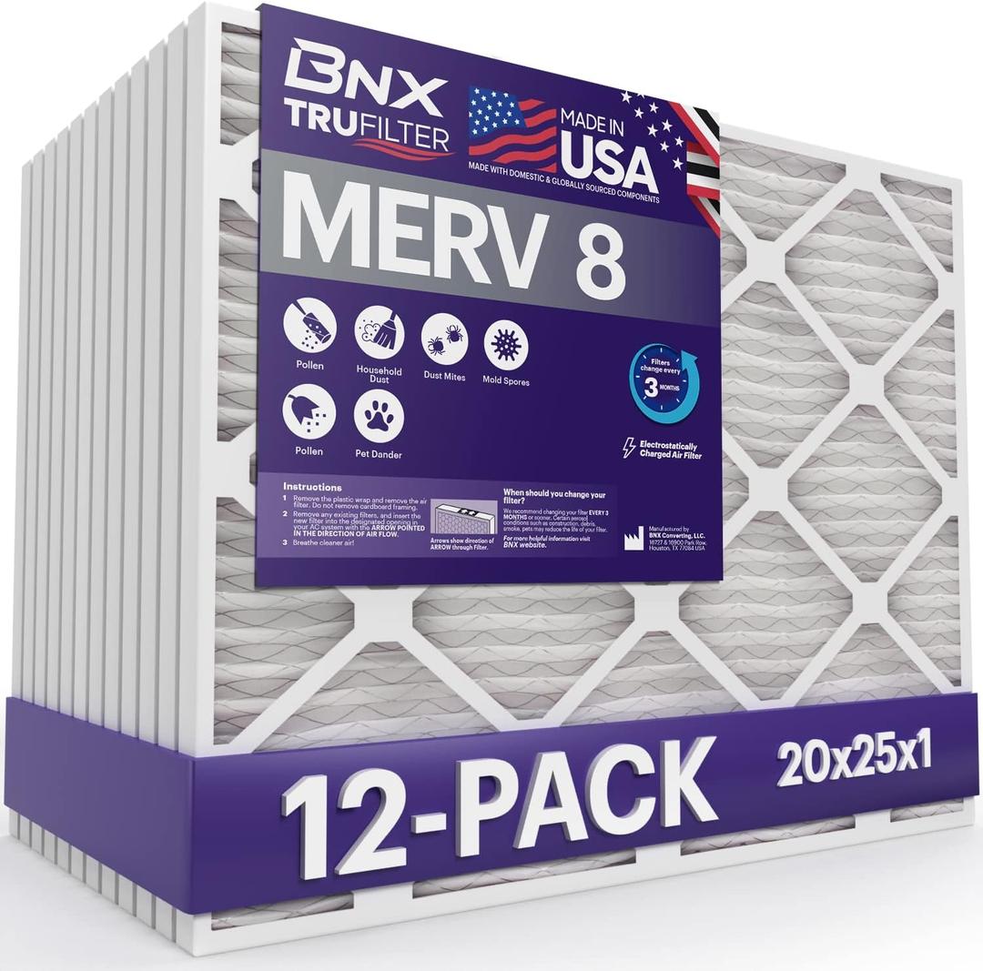 BNX TruFilter 20x25x1 Air Filter MERV 8 (12-Pack) - MADE IN USA  Dust & Pet Defense Electrostatic Pleated Air Conditioner HVAC AC Furnace Filters for Dust, Pet, Mold, Pollen MPR 600  700 & FPR 5