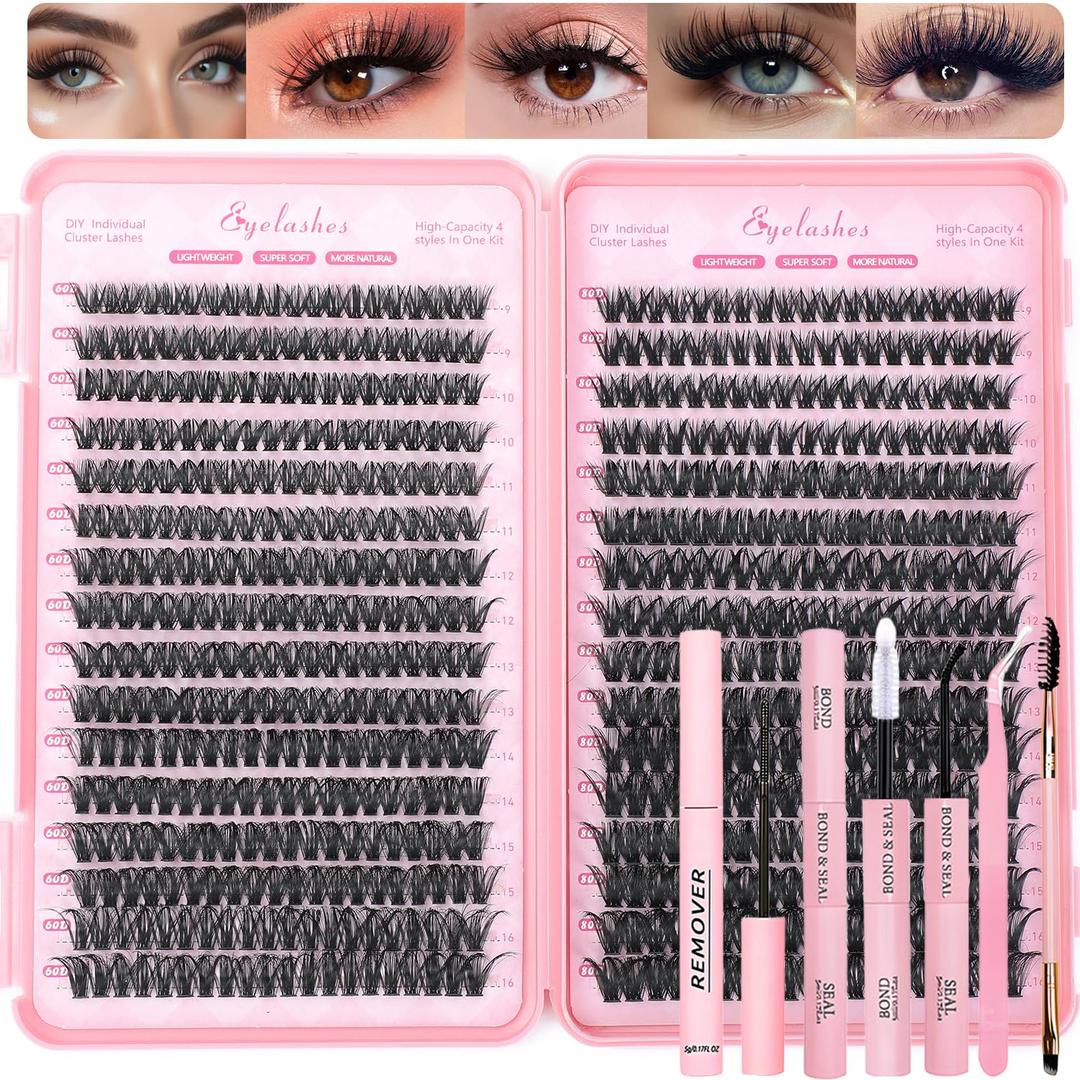 Lash Clusters Kit, 640 Pcs Eyelashes Clusters Extensions Kit 9-16mm Individual Lashes D Curl Fluffy Wispy False Eyelashes Thin Band, with Bond Seal Remover Tweezers Brush DIY (40D+50D Kit 9-16mm)