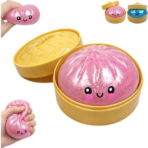 Glitter Dumpling Squishies, Dumpling Squishy Mystery Box, Colorful Dumplings Stress Balls Fidget Sensory Toy, Squeeze Dough Ball Stress Relief Toys with Food Steamer Stretchy Desk Toys(Glitter Pink)
