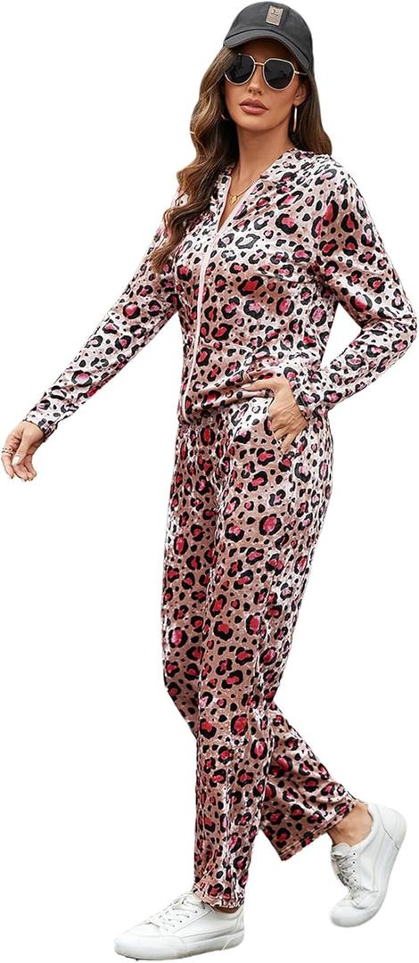 Marvmys Velour Tracksuit Womens 2 Piece Outfits Velvet Sweatsuit Jogging Suit Full Zip Up Hoodie and Sweatpants Set (Large, Pink Leopard)