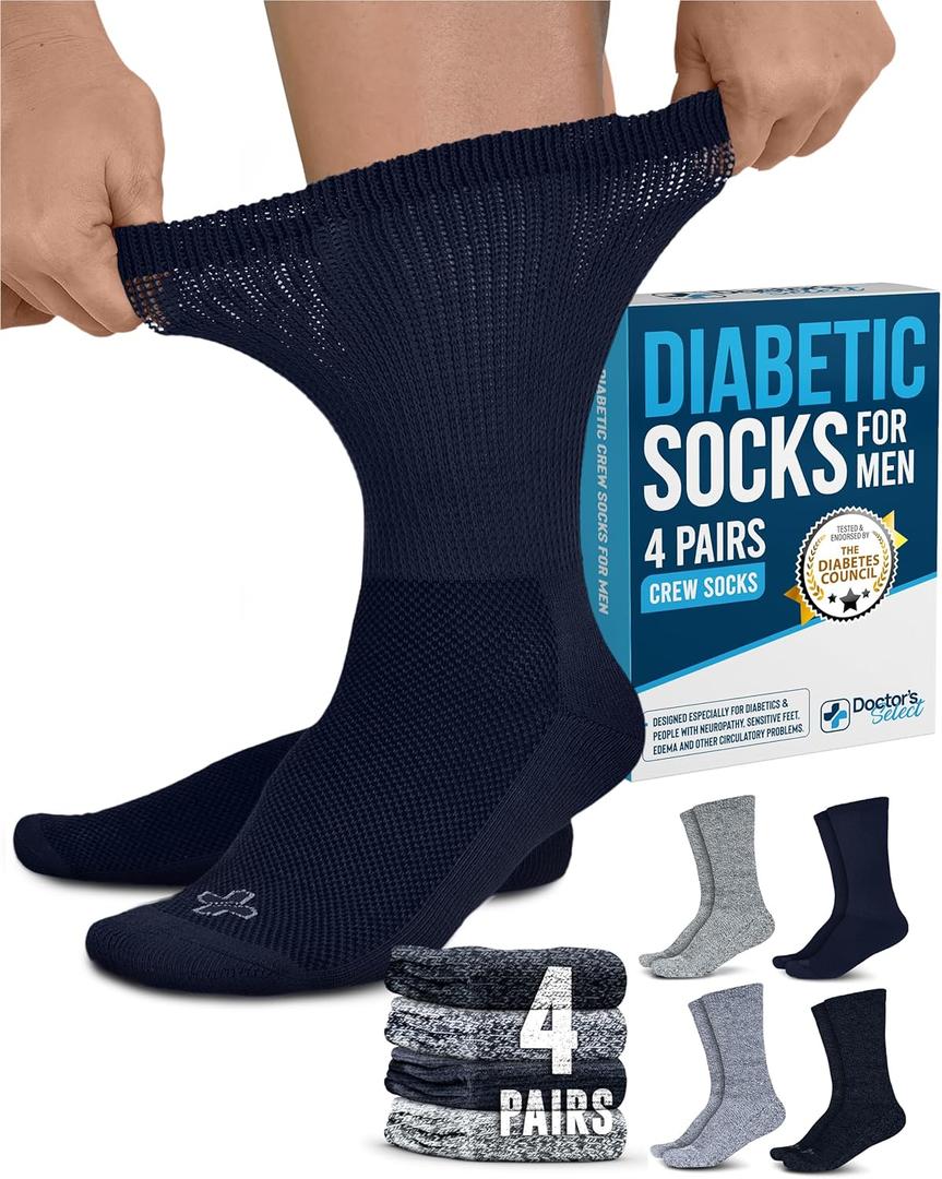 Doctor's Select Men's Diabetic Socks for Men Size 13-15 - 4 Pairs (Large, Dark Navy, Light Grey, Navy, Stone Grey)