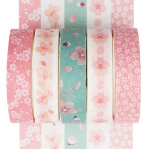 YUBX 5 Rolls Washi Tape Set Creative Basic Skinny Decorative Tapes for Arts, DIY Crafts, Journals, Planners, Scrapbooking, Wrapping (Sakura)