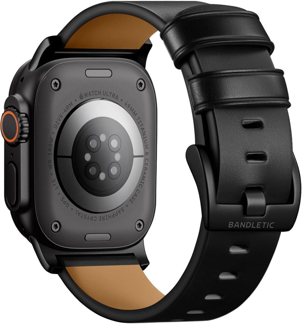 Bandletic Compatible with Apple Watch Bands for Men Women, Soft Genuine Leather Band Replacement Strap for iWatch 49mm(Ultra 3/2/1),46mm(11/10),45mm(9/8/7),44mm(SE3/SE2/SE/6/5/4),42mm(3/2/1) (Black Adapter-Black)