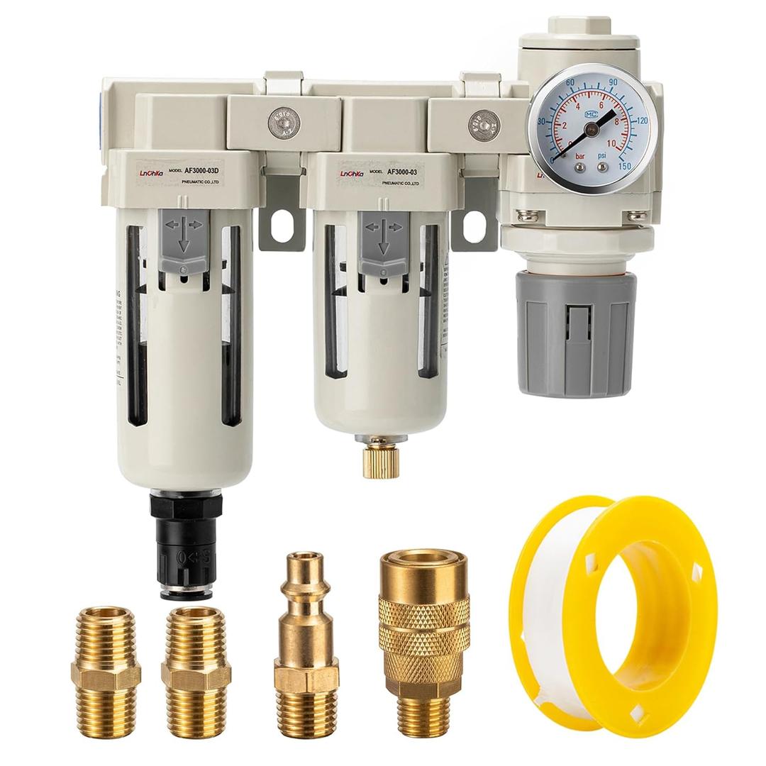 Air Filter Dryer 3/8 NPT Auto Drain+Semi-Auto Drain-Double Air Filters,Air Pressure Regulator,Air Compressor Water Separator(0-150PSI)